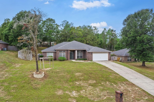 ranch-style house with a front yard and a garage