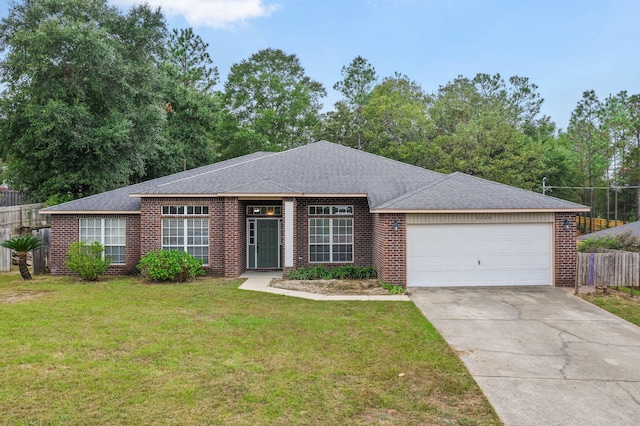 ranch-style home featuring a front lawn and a garage