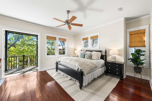 bedroom with access to outside, ceiling fan, dark hardwood / wood-style flooring, and ornamental molding