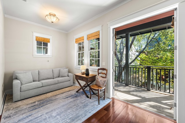 interior space with wood-type flooring and ornamental molding