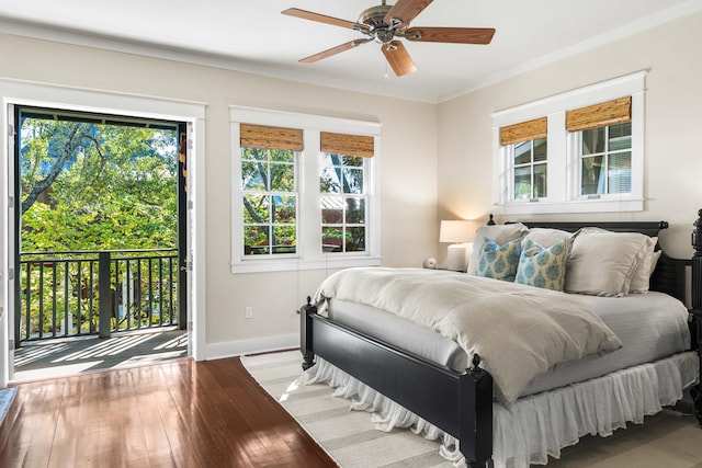 bedroom with ornamental molding, access to outside, ceiling fan, and light hardwood / wood-style floors