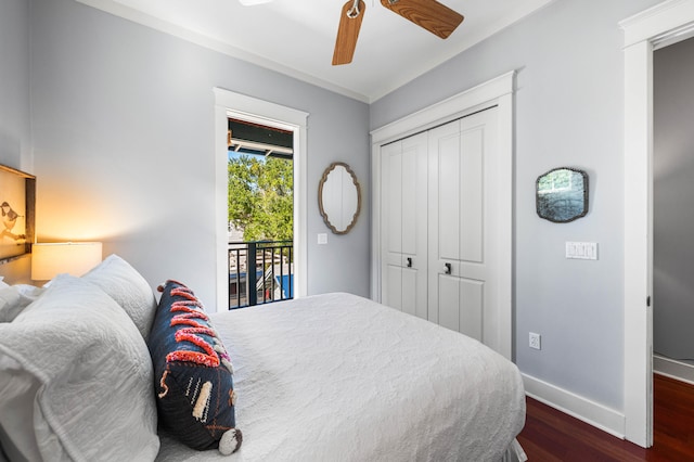 bedroom with access to exterior, ceiling fan, a closet, and dark hardwood / wood-style floors