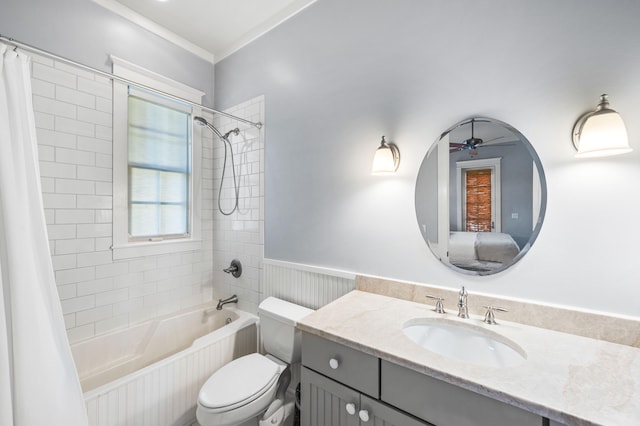 full bathroom featuring shower / tub combo, vanity, toilet, and ceiling fan