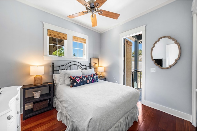 bedroom featuring dark hardwood / wood-style floors, ceiling fan, access to exterior, and ornamental molding