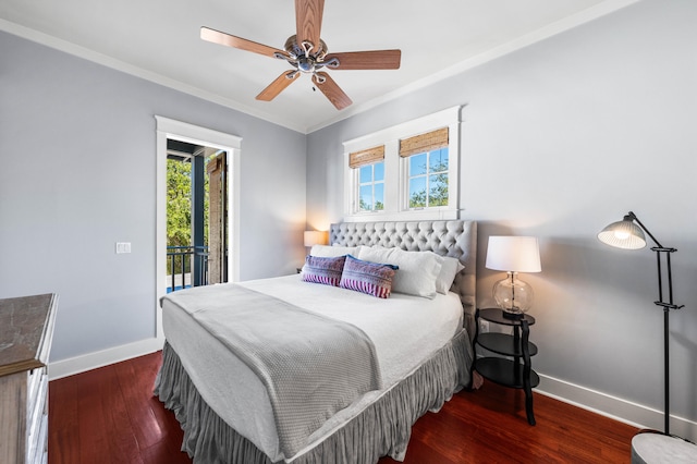 bedroom with access to exterior, ceiling fan, dark hardwood / wood-style floors, and ornamental molding