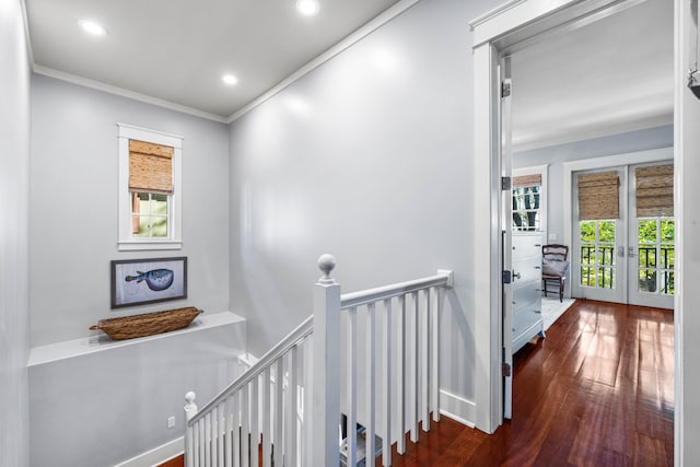 corridor featuring ornamental molding, dark wood-type flooring, french doors, and a healthy amount of sunlight