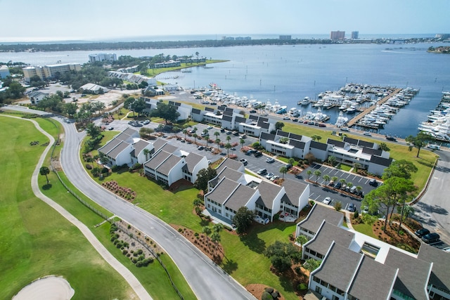 drone / aerial view with a water view