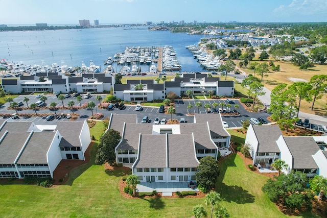 aerial view featuring a water view