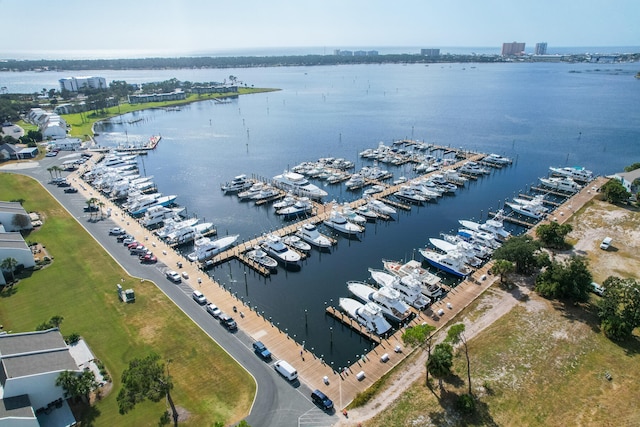 drone / aerial view with a water view