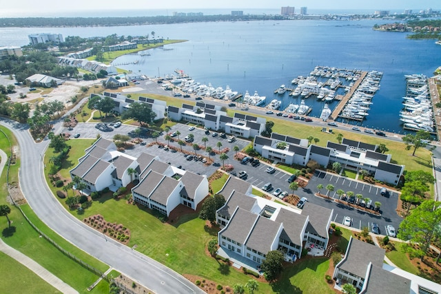 aerial view featuring a water view