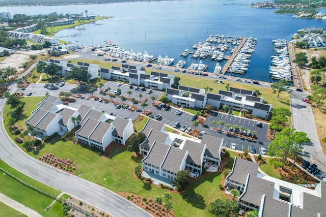 bird's eye view with a water view