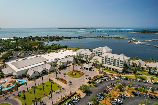 drone / aerial view with a water view