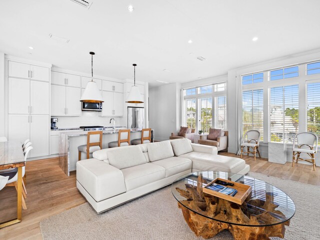 living room featuring sink and light hardwood / wood-style flooring