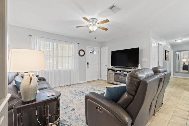 living room with ceiling fan