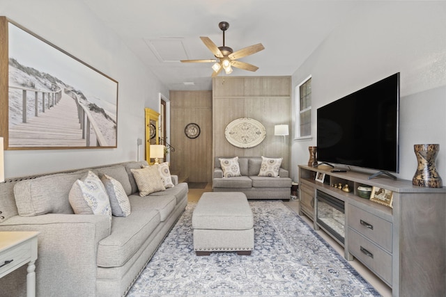 living room with ceiling fan