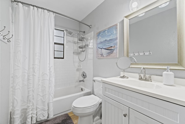 full bathroom with shower / bath combo, vanity, and toilet