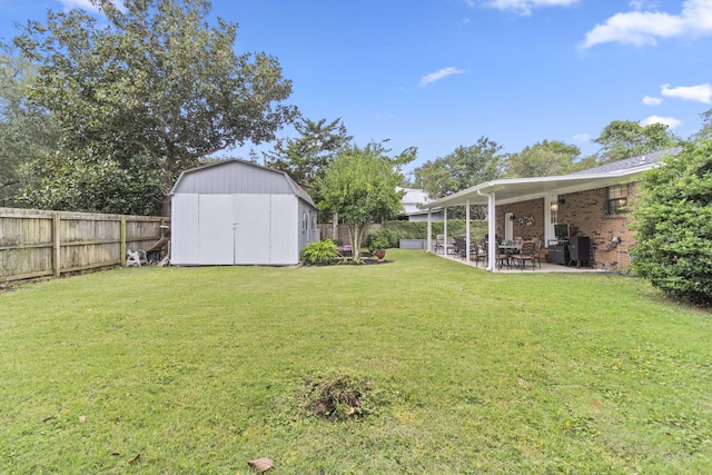 view of yard with a storage unit and a patio area