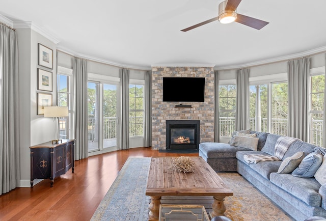 living area featuring ceiling fan, a large fireplace, crown molding, and wood finished floors