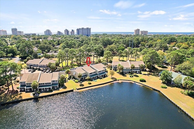 bird's eye view with a water view