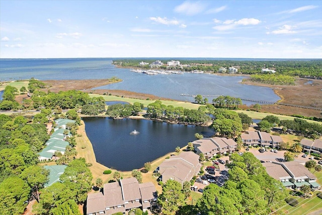 aerial view featuring a water view