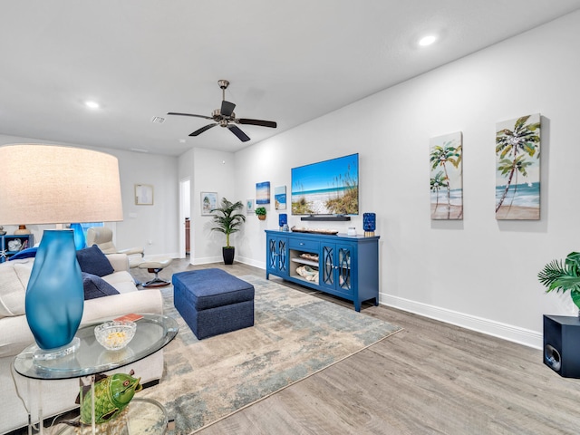 living room with ceiling fan and wood-type flooring