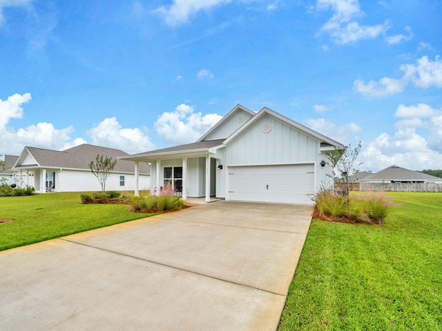 single story home with a front lawn, a porch, and a garage