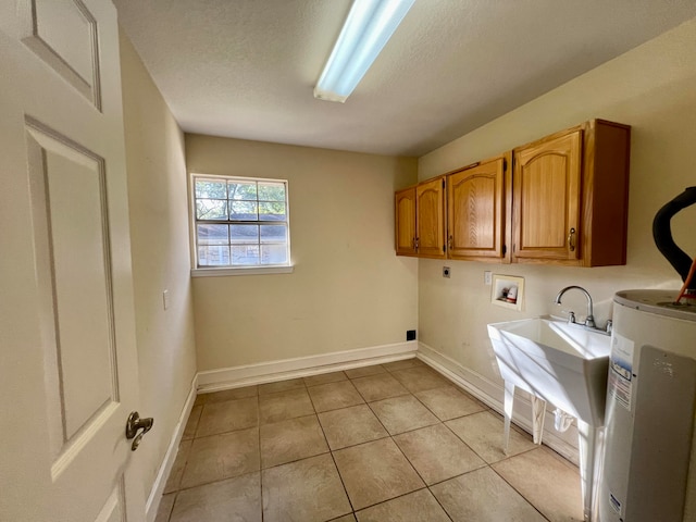 washroom with cabinets, hookup for a washing machine, electric dryer hookup, water heater, and light tile patterned floors