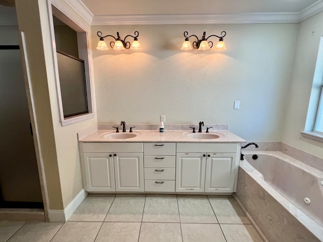 bathroom with vanity, a relaxing tiled tub, tile patterned floors, and crown molding