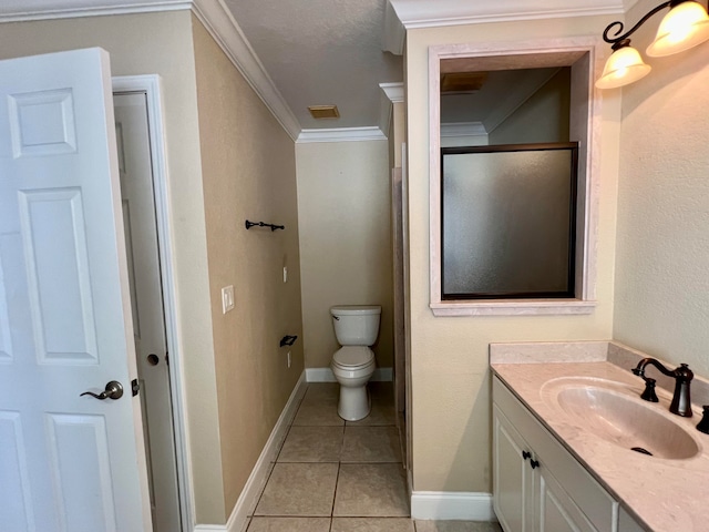 bathroom with walk in shower, tile patterned floors, toilet, vanity, and ornamental molding