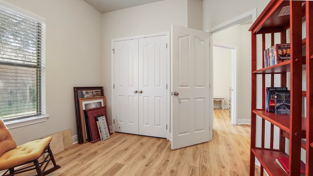 sitting room with light wood-type flooring and a healthy amount of sunlight