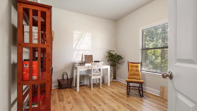 home office with a wealth of natural light and light hardwood / wood-style flooring