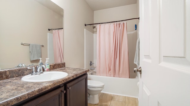 full bathroom with tile patterned flooring, vanity, toilet, and shower / bathtub combination with curtain