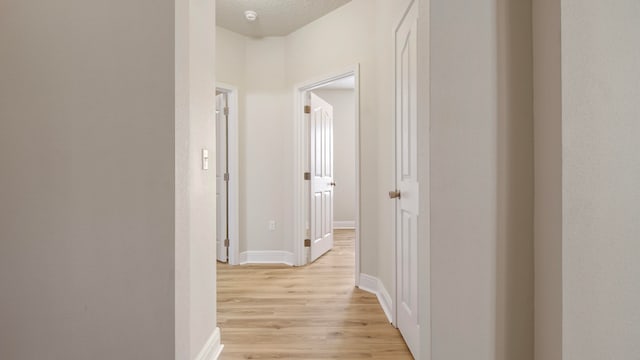 hall featuring a textured ceiling and light wood-type flooring