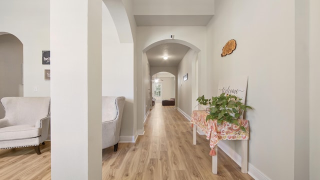 446 Mango Ln, Freeport, FL 32439 - corridor featuring light wood finished floors and arched walkways