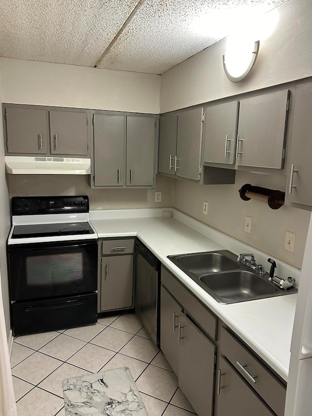 kitchen with gray cabinetry, dishwasher, electric stove, sink, and light tile patterned floors