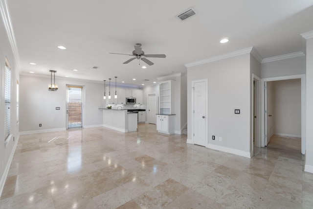 unfurnished living room featuring ceiling fan and crown molding