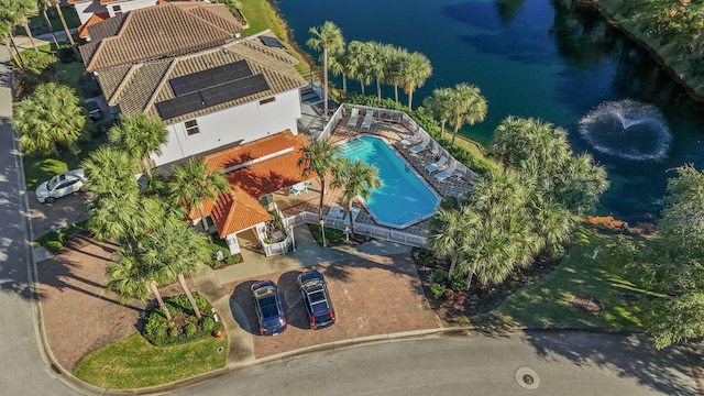 aerial view featuring a water view