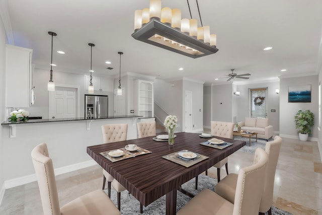 dining space featuring ceiling fan, crown molding, and light tile patterned flooring