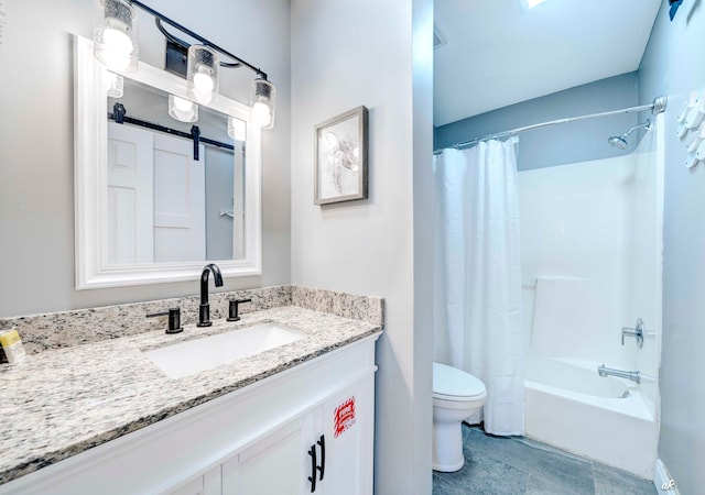 full bathroom with toilet, vanity, and shower / tub combo with curtain