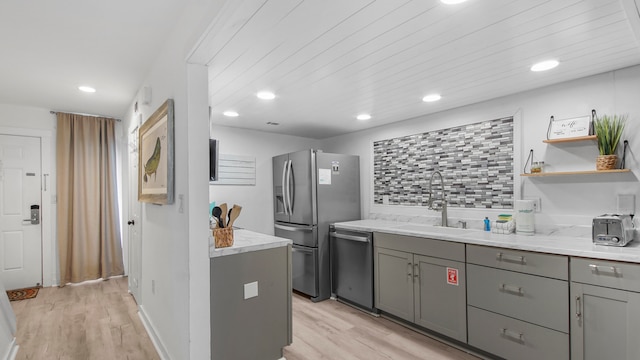 kitchen with decorative backsplash, sink, stainless steel appliances, and light hardwood / wood-style flooring