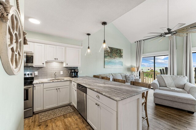 145 Beachfront Trl Unit 307A, Santa Rosa Beach, FL 32459 - kitchen featuring appliances with stainless steel finishes, open floor plan, a sink, a peninsula, and high vaulted ceiling