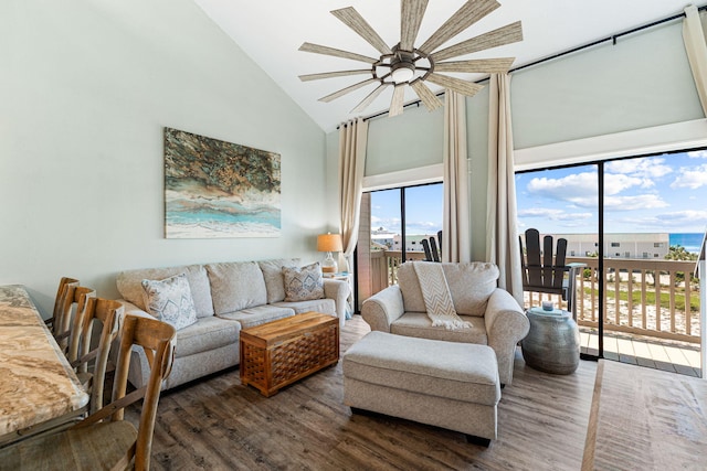 145 Beachfront Trl Unit 307A, Santa Rosa Beach, FL 32459 - living area featuring high vaulted ceiling, ceiling fan, and wood finished floors