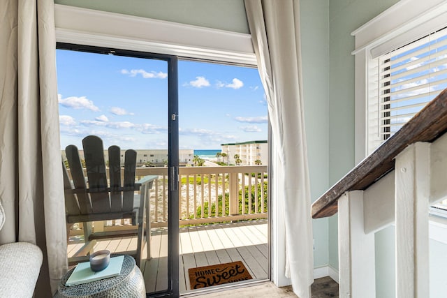 entryway featuring hardwood / wood-style floors and a water view