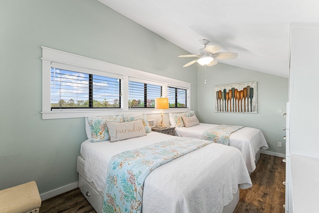 145 Beachfront Trl Unit 307A, Santa Rosa Beach, FL 32459 - bedroom with lofted ceiling, dark wood-style flooring, baseboards, and a ceiling fan