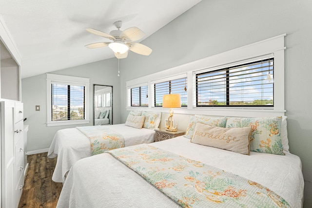 145 Beachfront Trl Unit 307A, Santa Rosa Beach, FL 32459 - bedroom with lofted ceiling, wood finished floors, multiple windows, baseboards, and a ceiling fan