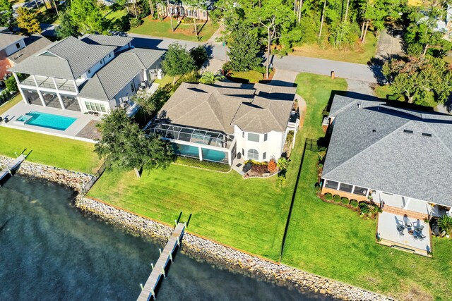 drone / aerial view featuring a water view