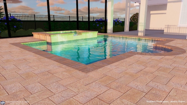 pool at dusk with a patio area and a hot tub