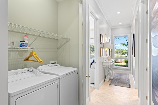 125 Emerald Rdg, Santa Rosa Beach, FL 32459 - laundry room with crown molding, washer and clothes dryer, and recessed lighting