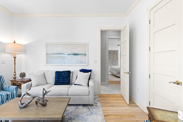 living room featuring light wood-type flooring and crown molding