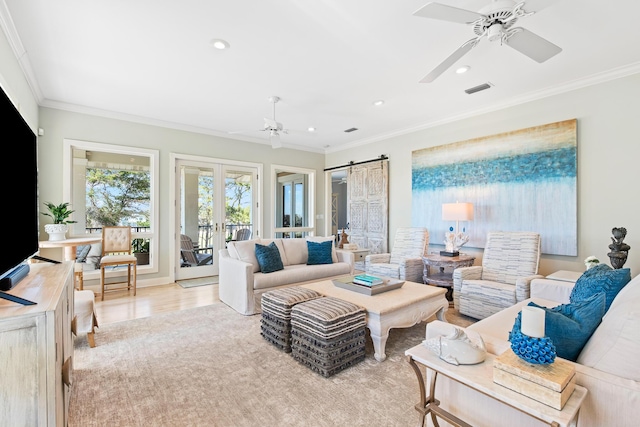 125 Emerald Rdg, Santa Rosa Beach, FL 32459 - living area featuring ceiling fan, crown molding, recessed lighting, light wood-style floors, and french doors